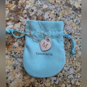 Tiffany & Co. Silver Heart Initial M Necklace on Blue Pouch